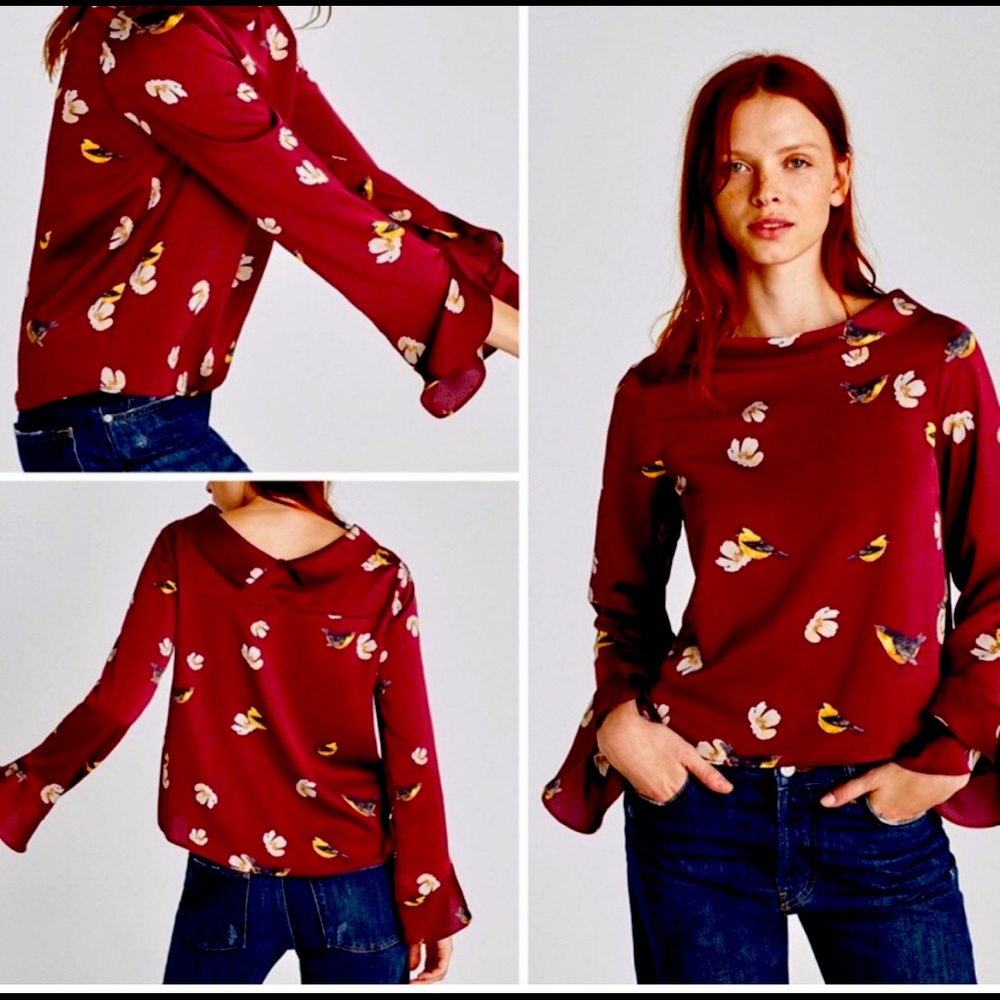 Zara Floral/Bird Print Blouse Flutter Sleeve Funnel Neck so cute! Sz large
